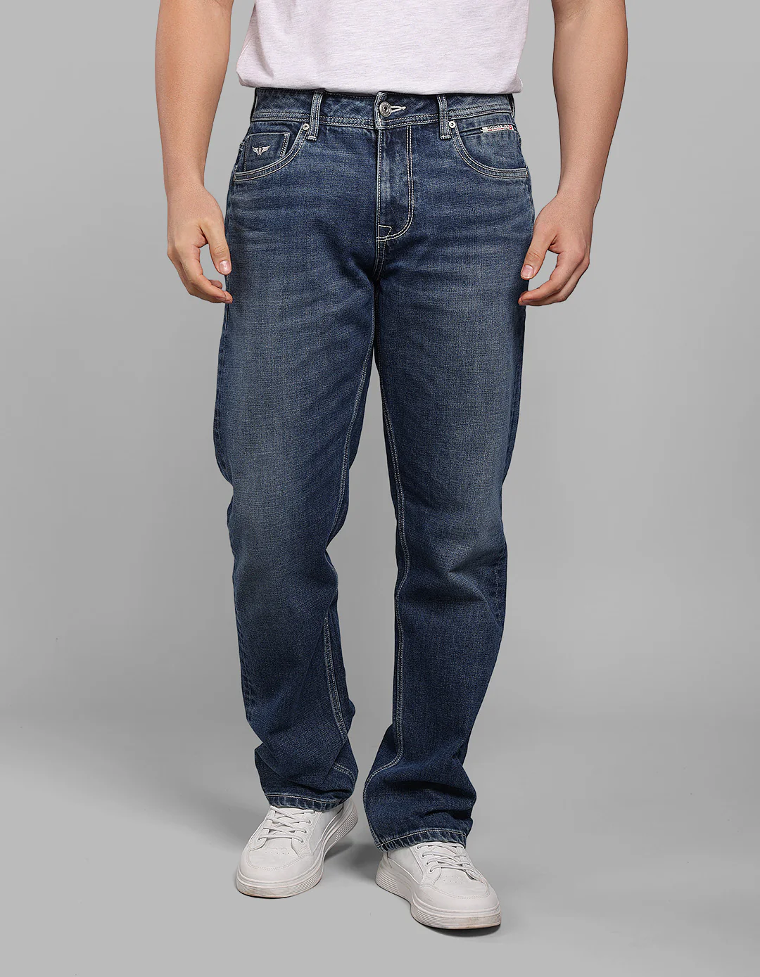 Med Blue Midrise, Comfort And Straight Fit Stretch Jeans
