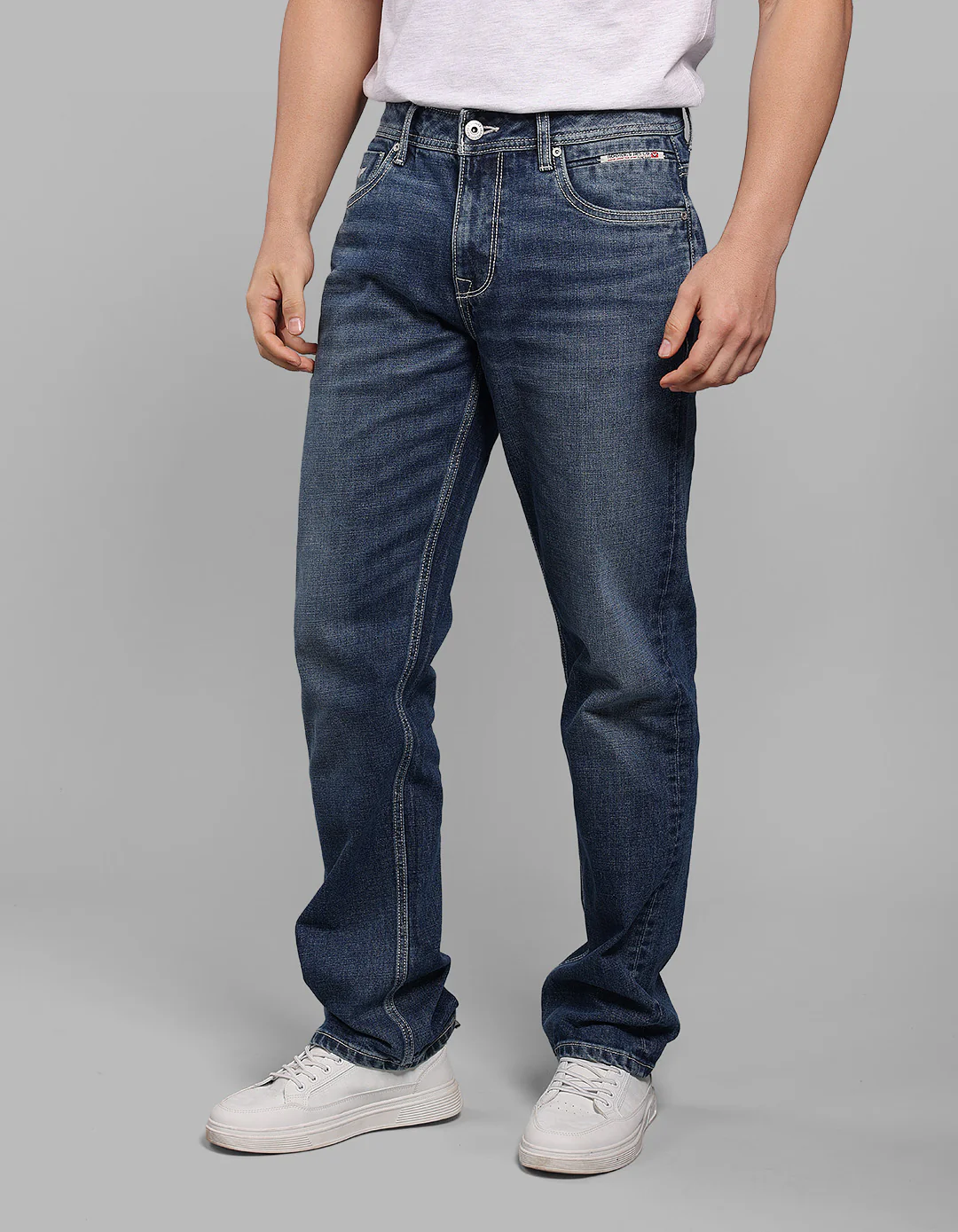 Med Blue Midrise, Comfort And Straight Fit Stretch Jeans - Image 3