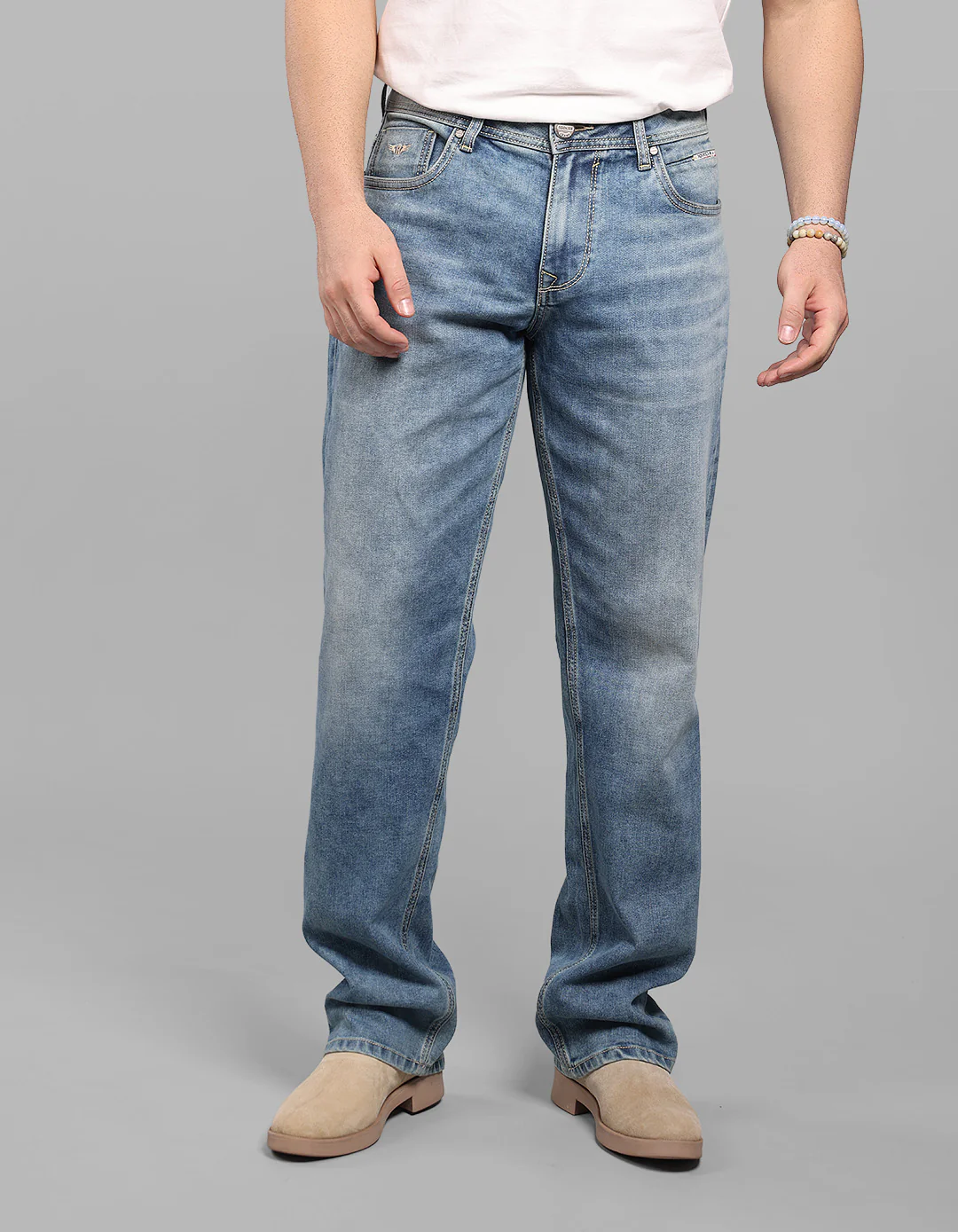 Med Blue Midrise, Comfort And Straight Fit Stretch Jeans