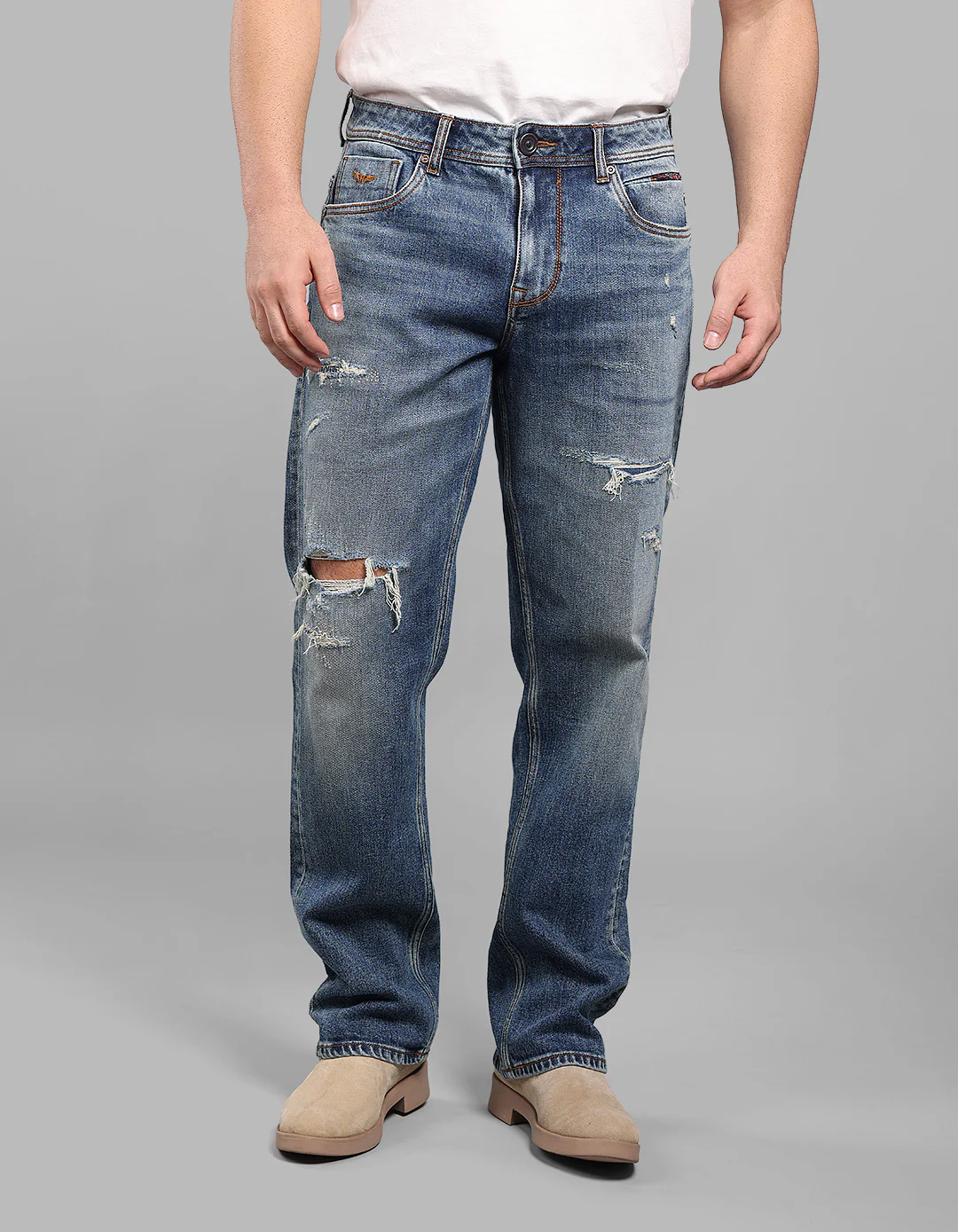 Med Blue Midrise, Comfort And Straight Fit Stretch Jeans