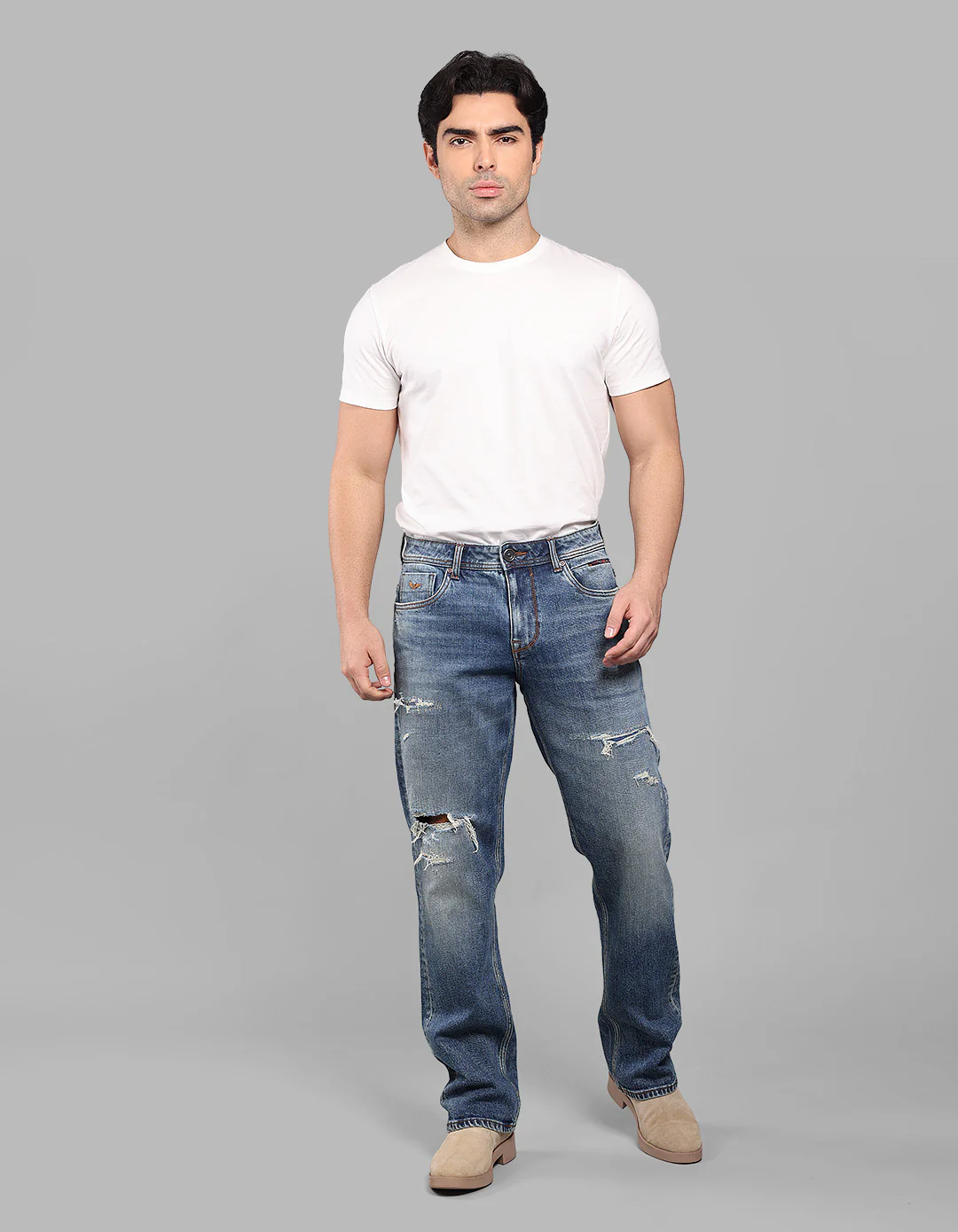 Med Blue Midrise, Comfort And Straight Fit Stretch Jeans - Image 2
