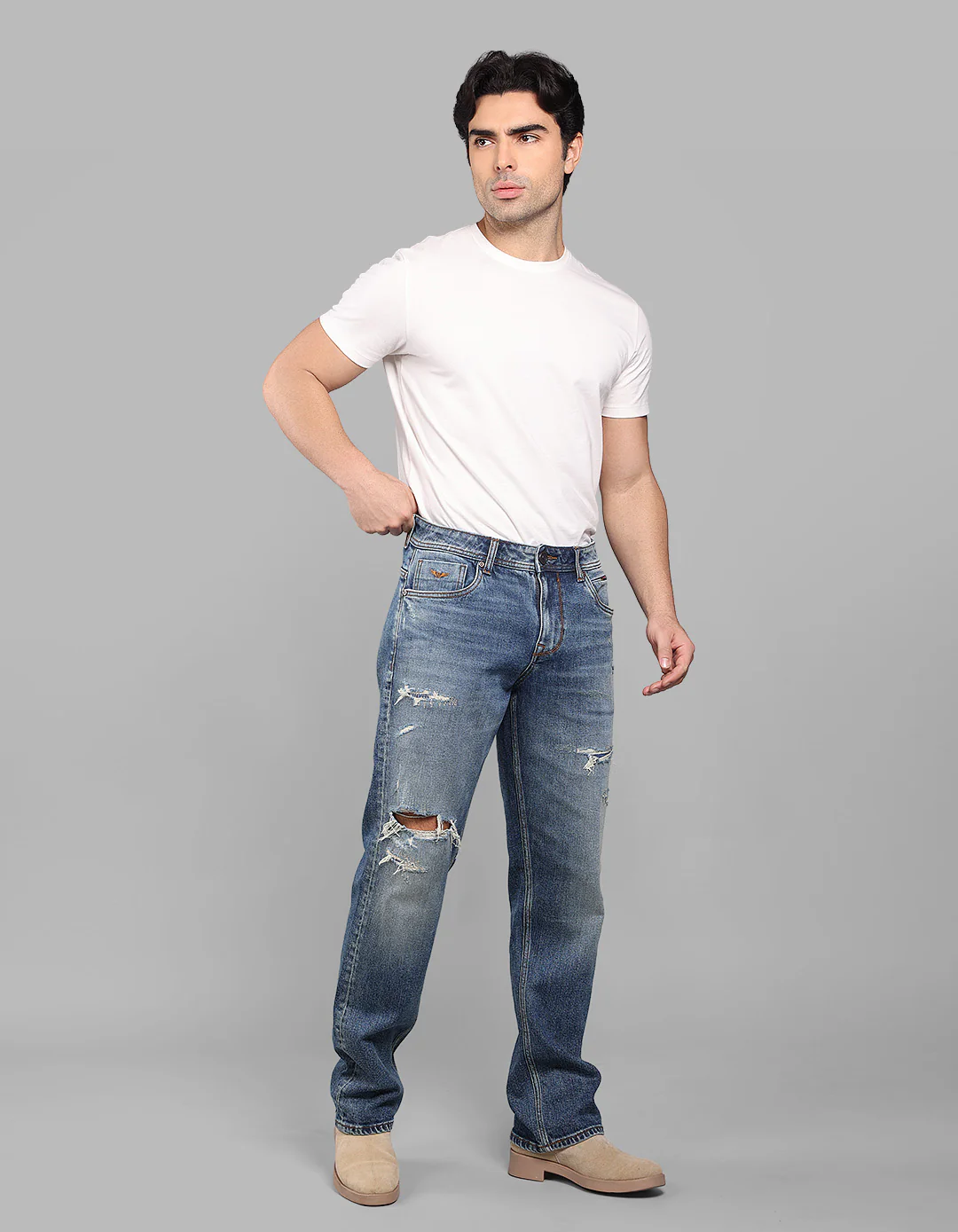 Med Blue Midrise, Comfort And Straight Fit Stretch Jeans - Image 3