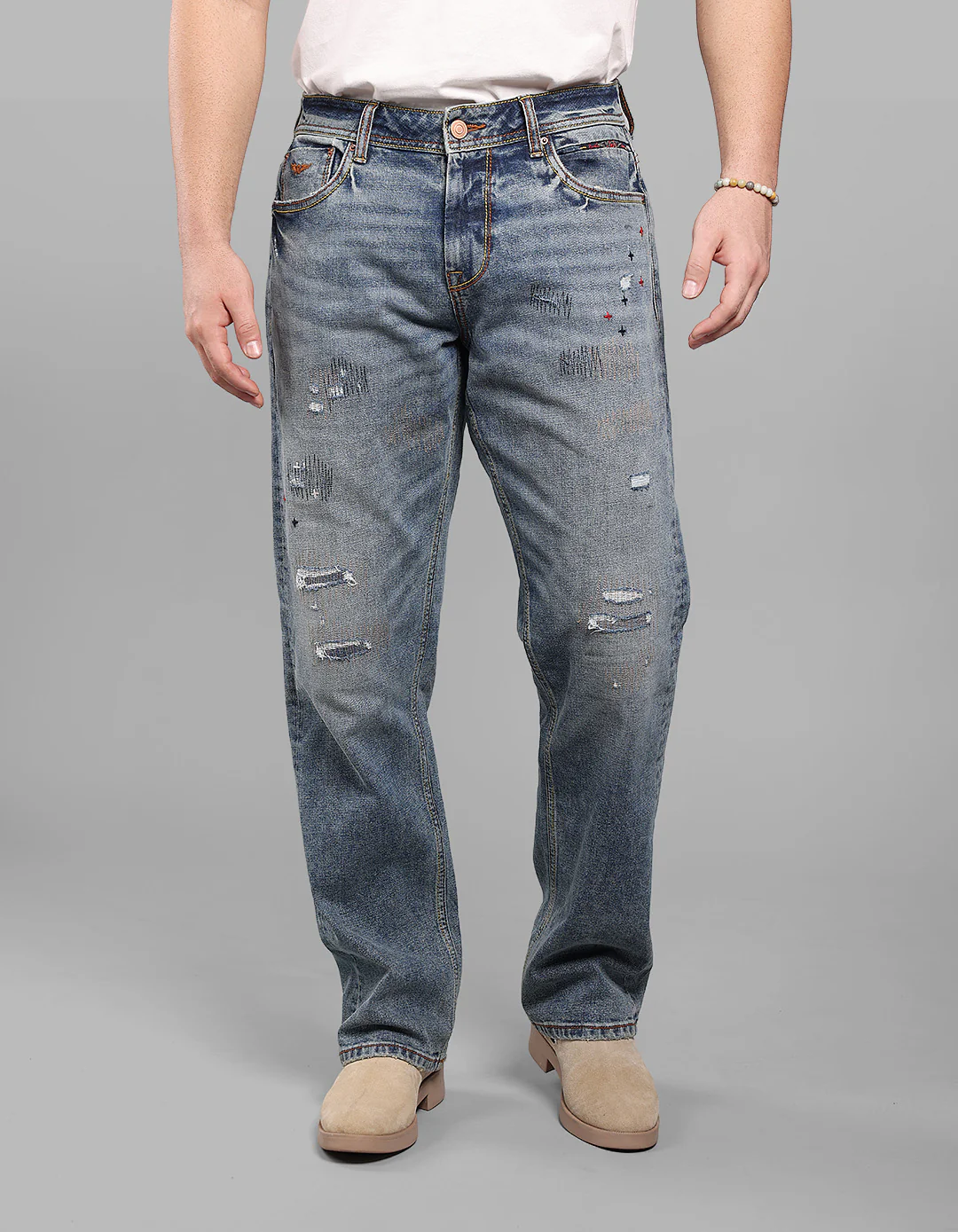 Med Blue Midrise, Comfort And Straight Fit Stretch Jeans