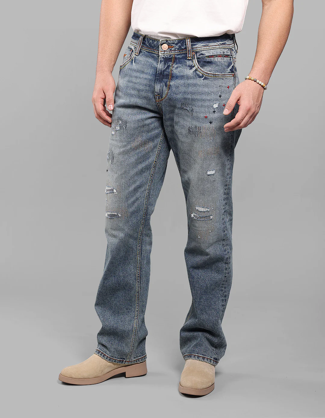 Med Blue Midrise, Comfort And Straight Fit Stretch Jeans - Image 4