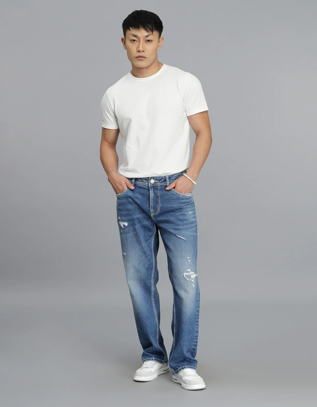 Med Blue Midrise, Comfort Straight Fit Cropped Jeans - Image 2