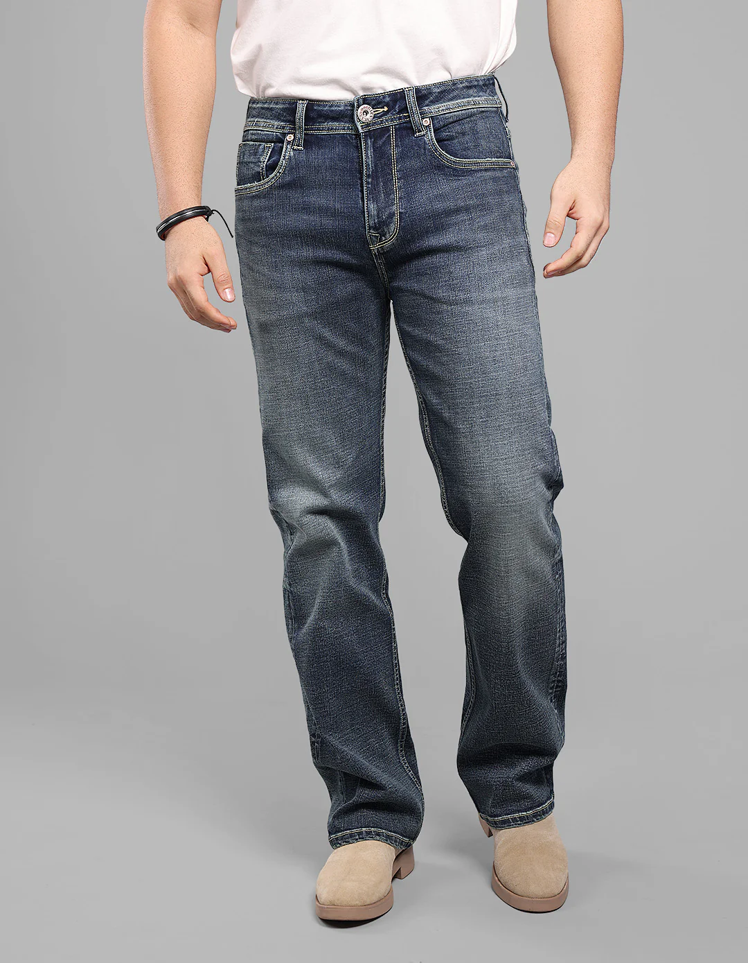 Med Blue Midrise Loose Fit Stretch Jeans