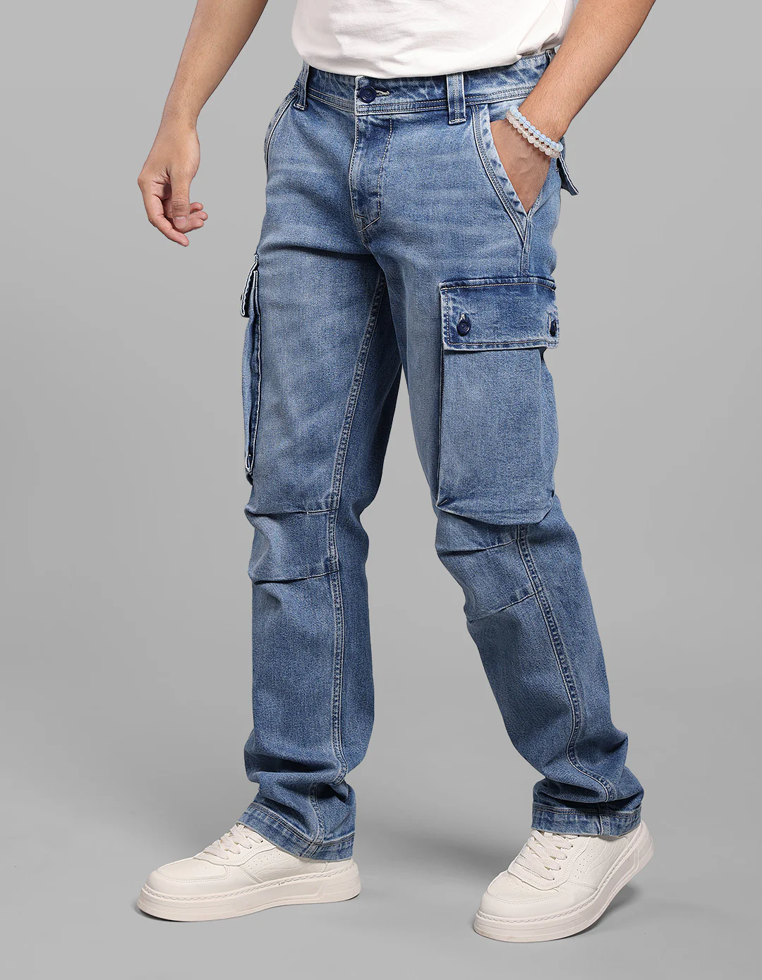 Med Blue Comfort Straight Fit Stretch Denim Cargo - Image 3