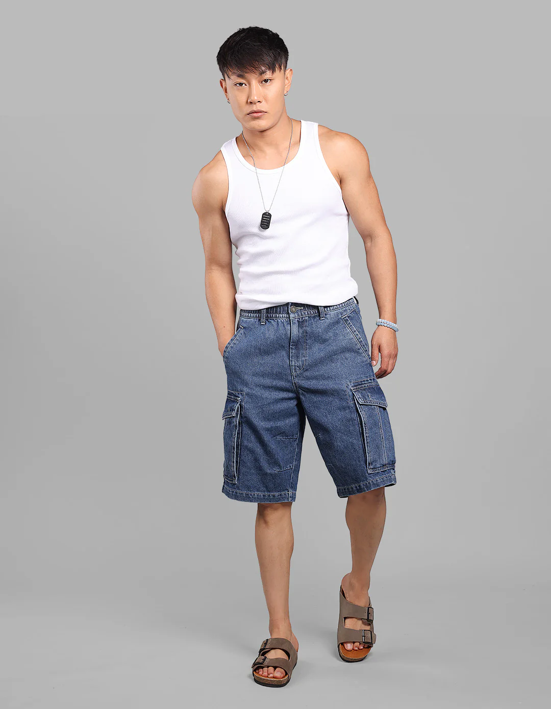 Med Blue Denim Cargo Shorts - Image 2