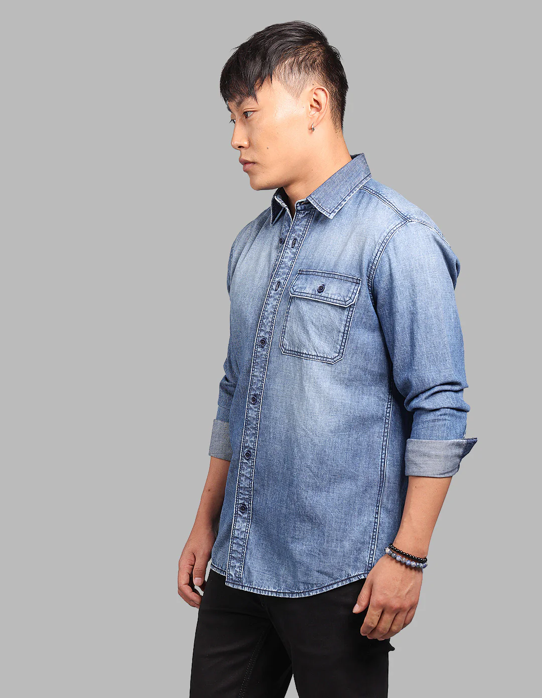 Med Blue Full Sleeve 100% Cotton Denim Shirt - Image 3
