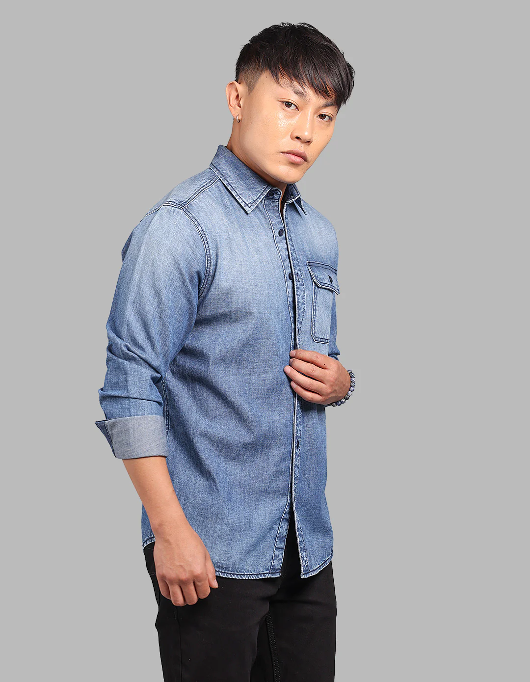 Med Blue Full Sleeve 100% Cotton Denim Shirt - Image 4