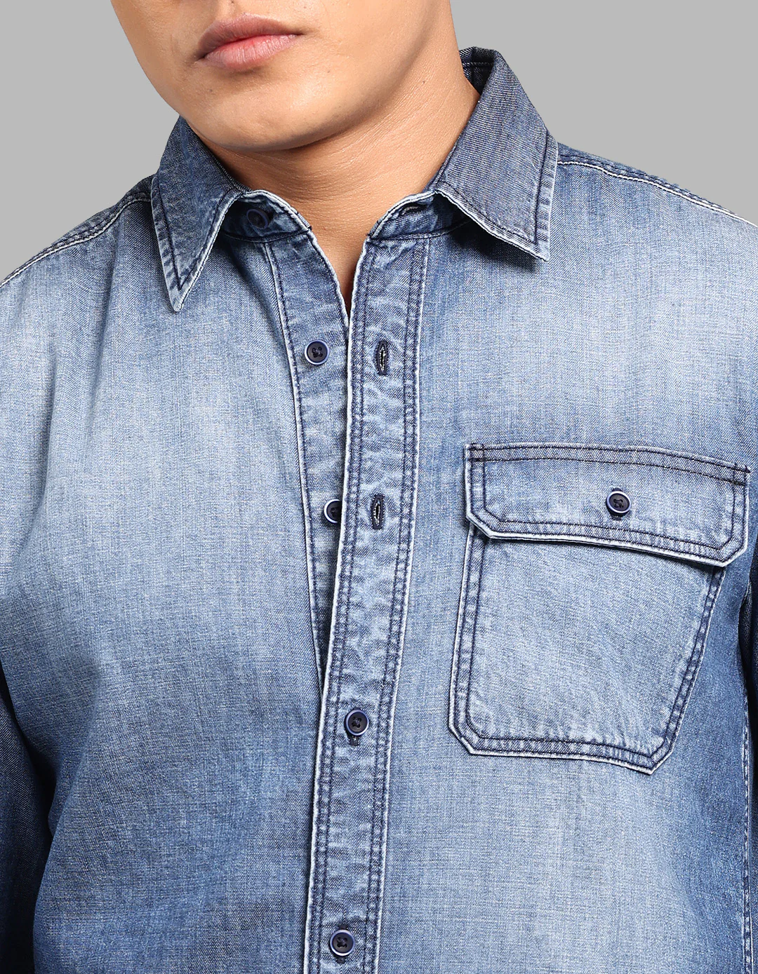 Med Blue Full Sleeve 100% Cotton Denim Shirt - Image 6