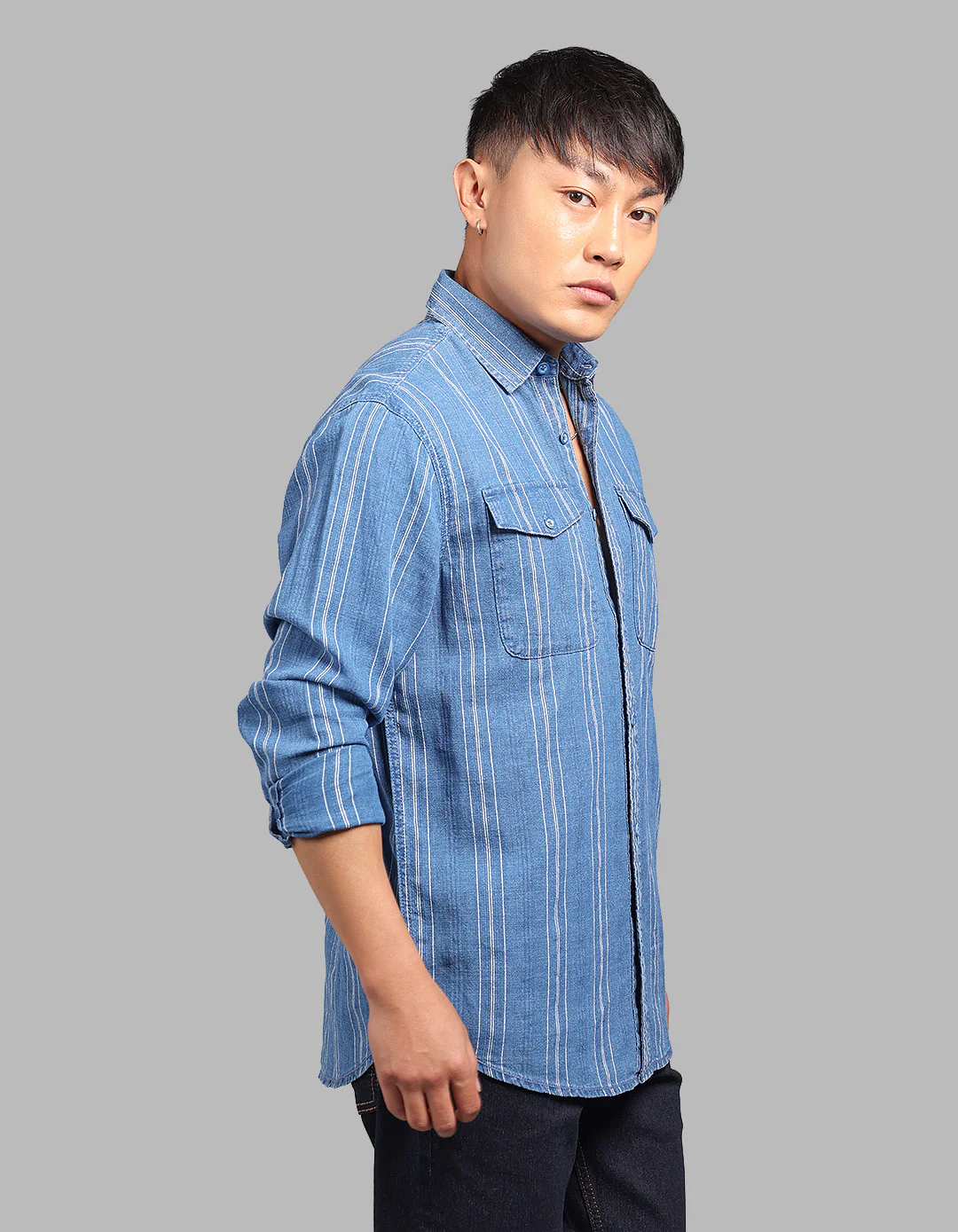 Med Blue Full Sleeve 100% Cotton Denim Shirt - Image 4