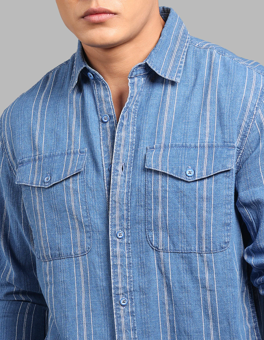Med Blue Full Sleeve 100% Cotton Denim Shirt - Image 6