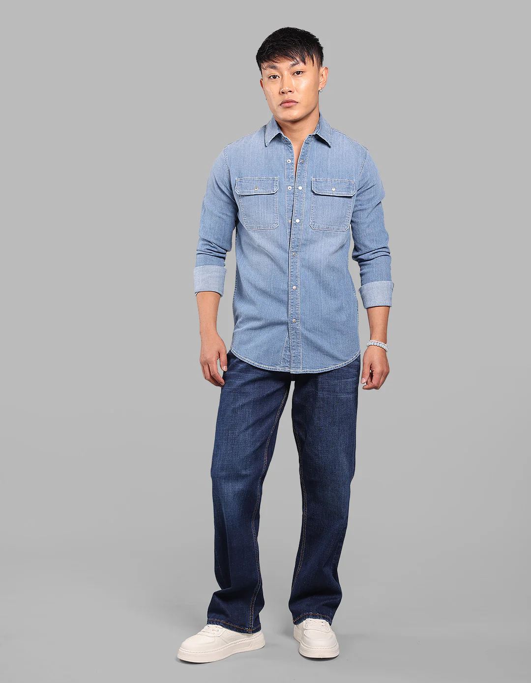 Med Blue Full Sleeve Stretch Denim Shirt - Image 2