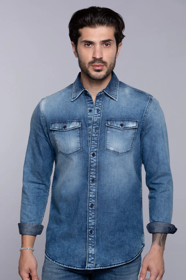 Med Blue Full Sleeves Denim Shirt
