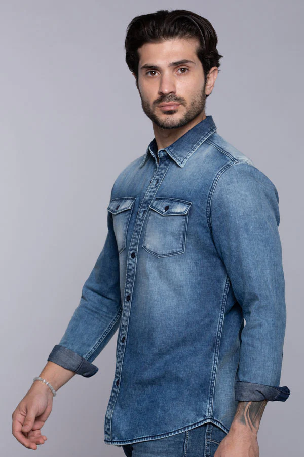 Med Blue Full Sleeves Denim Shirt - Image 3