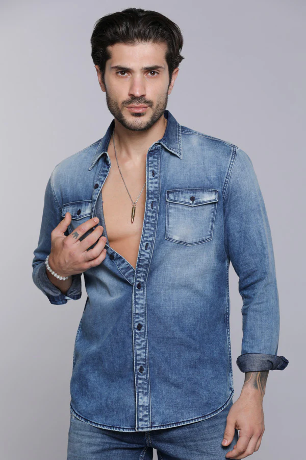 Med Blue Full Sleeves Denim Shirt - Image 6