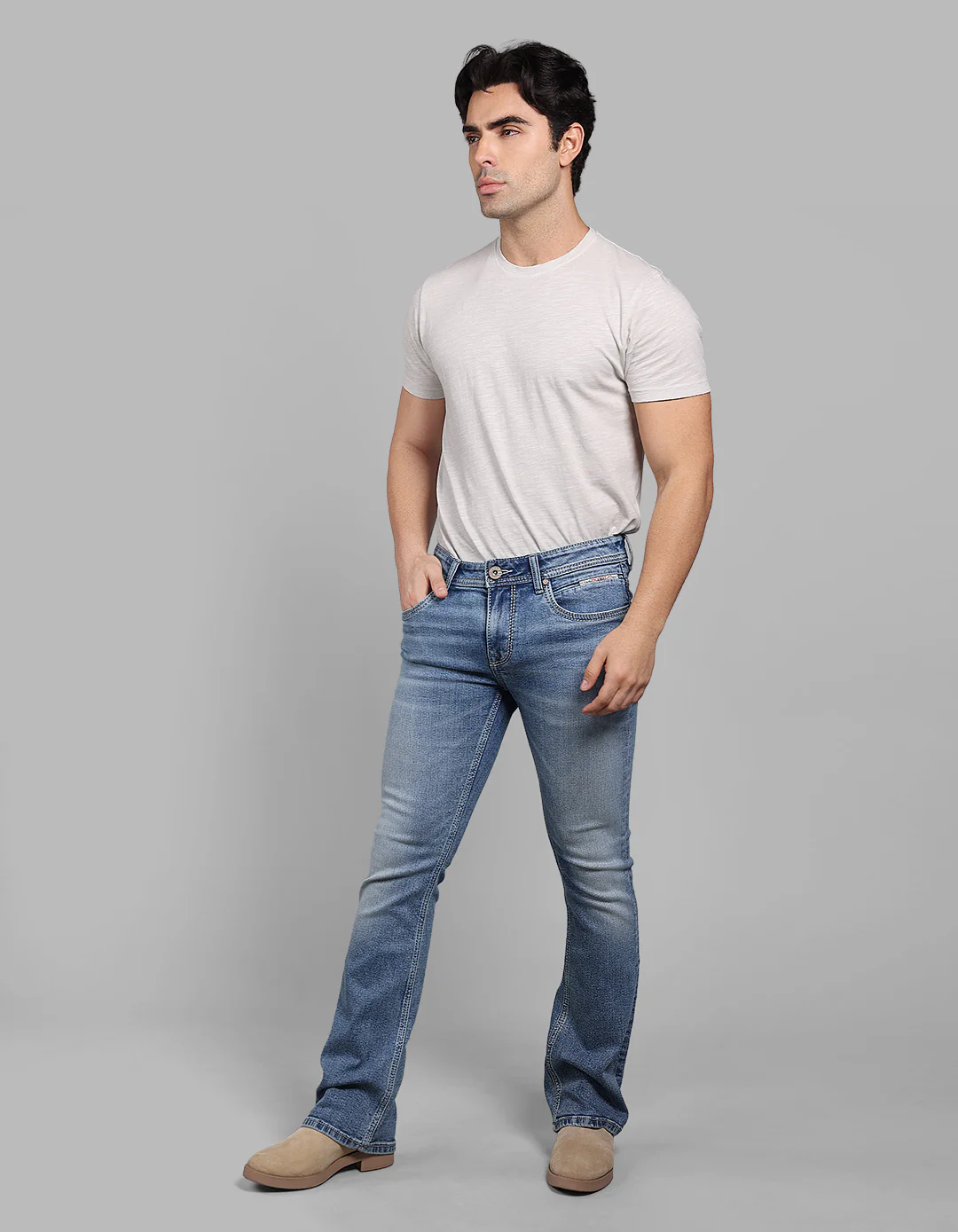 Med Blue Mid Rise Cropped Length Loose Boot Leg Stretch Jeans - Image 3