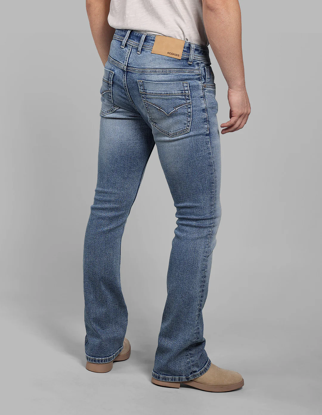 Med Blue Mid Rise Cropped Length Loose Boot Leg Stretch Jeans - Image 6