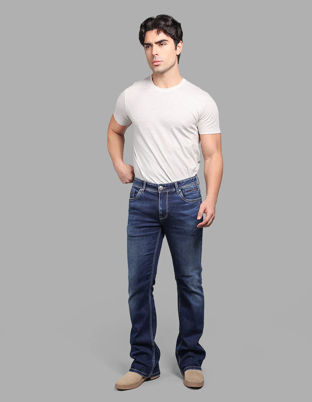 Med Blue Mid Rise Cropped Length Loose Boot Leg Stretch Jeans - Image 2