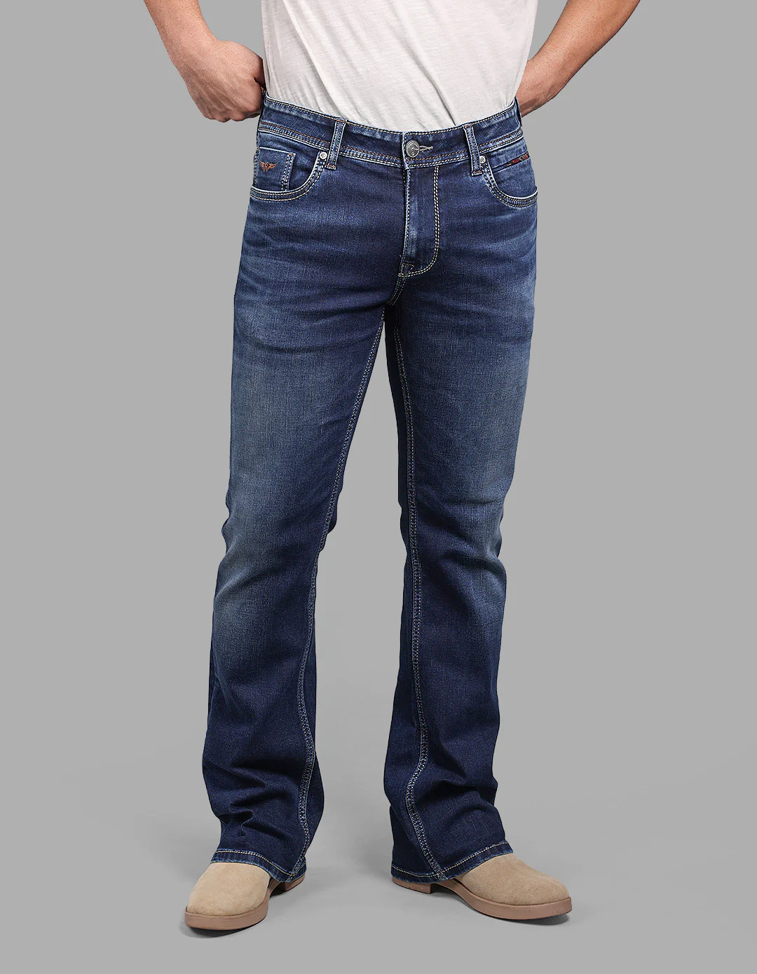 Med Blue Mid Rise Cropped Length Loose Boot Leg Stretch Jeans - Image 4