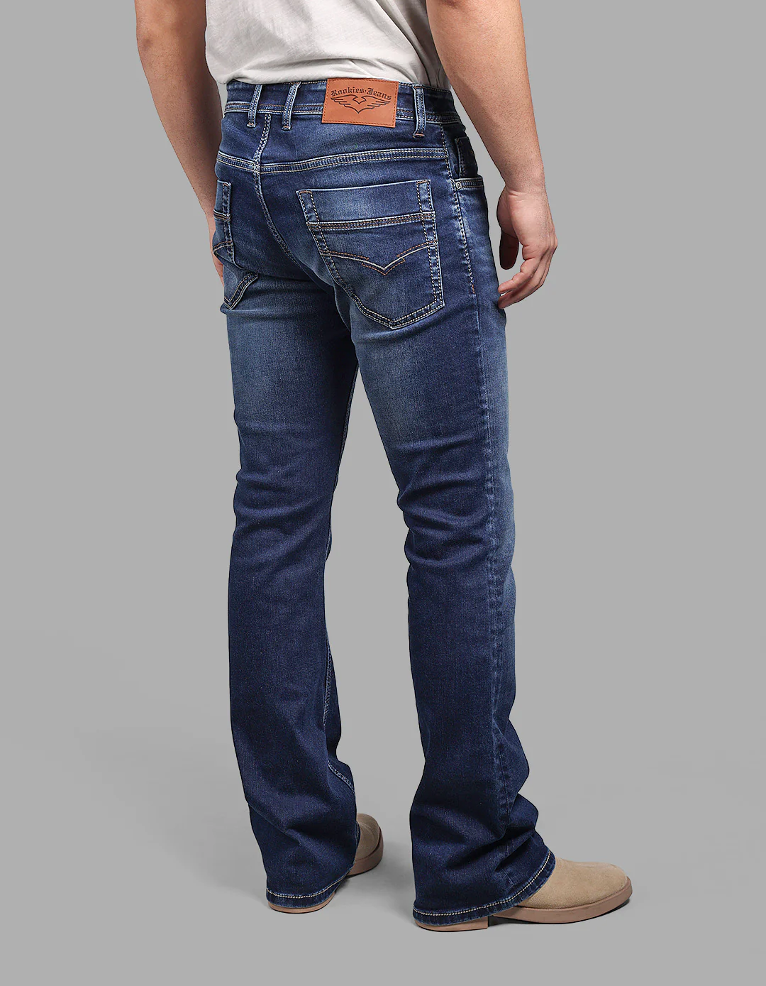 Med Blue Mid Rise Cropped Length Loose Boot Leg Stretch Jeans - Image 6