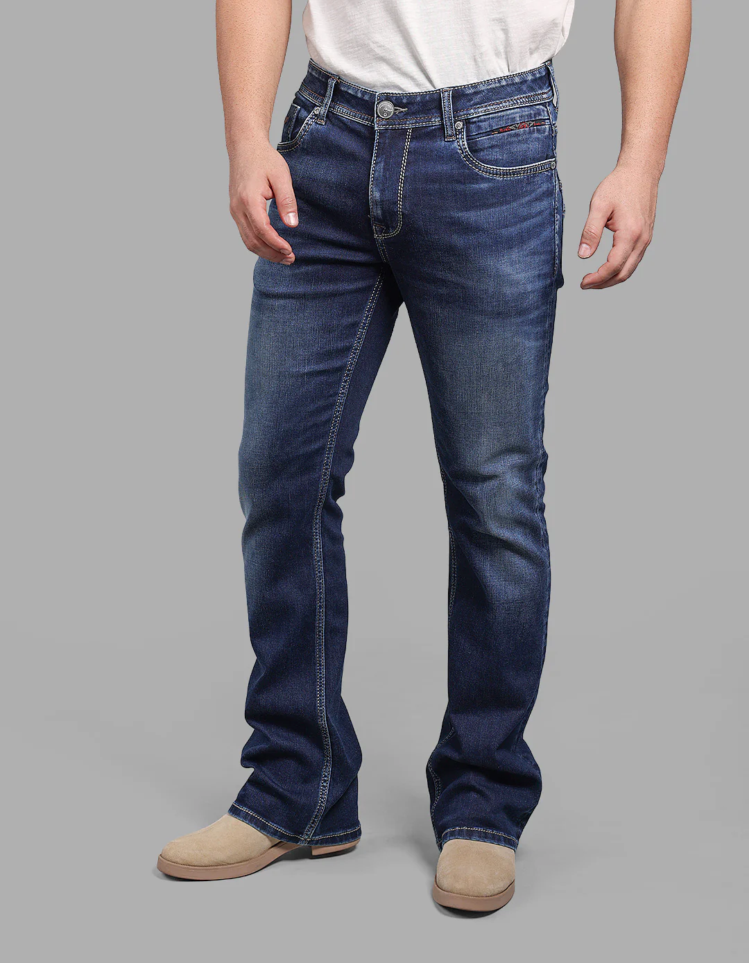 Med Blue Mid Rise Loose Boot Leg Stretch Jeans - Image 3