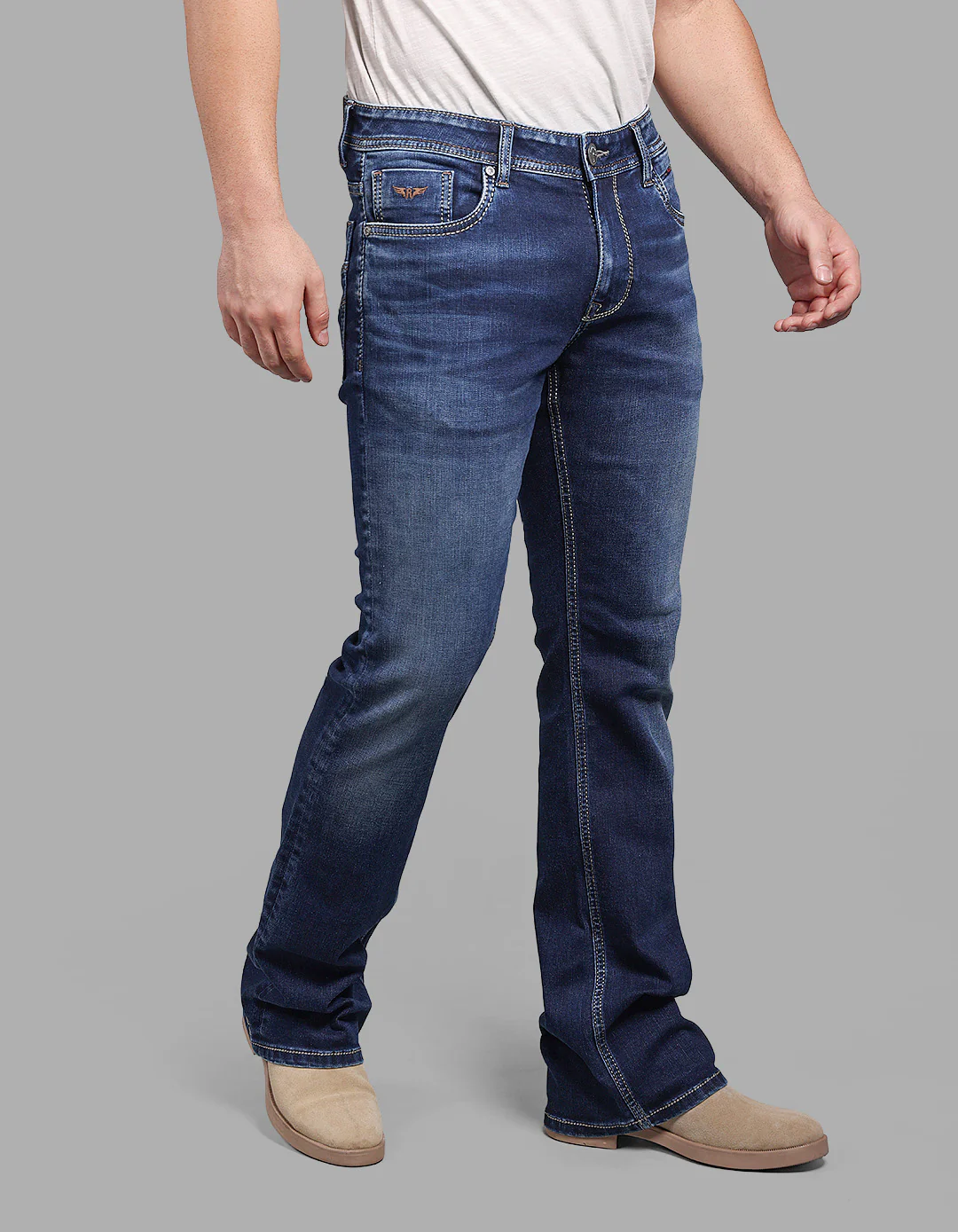 Med Blue Mid Rise Loose Boot Leg Stretch Jeans - Image 5