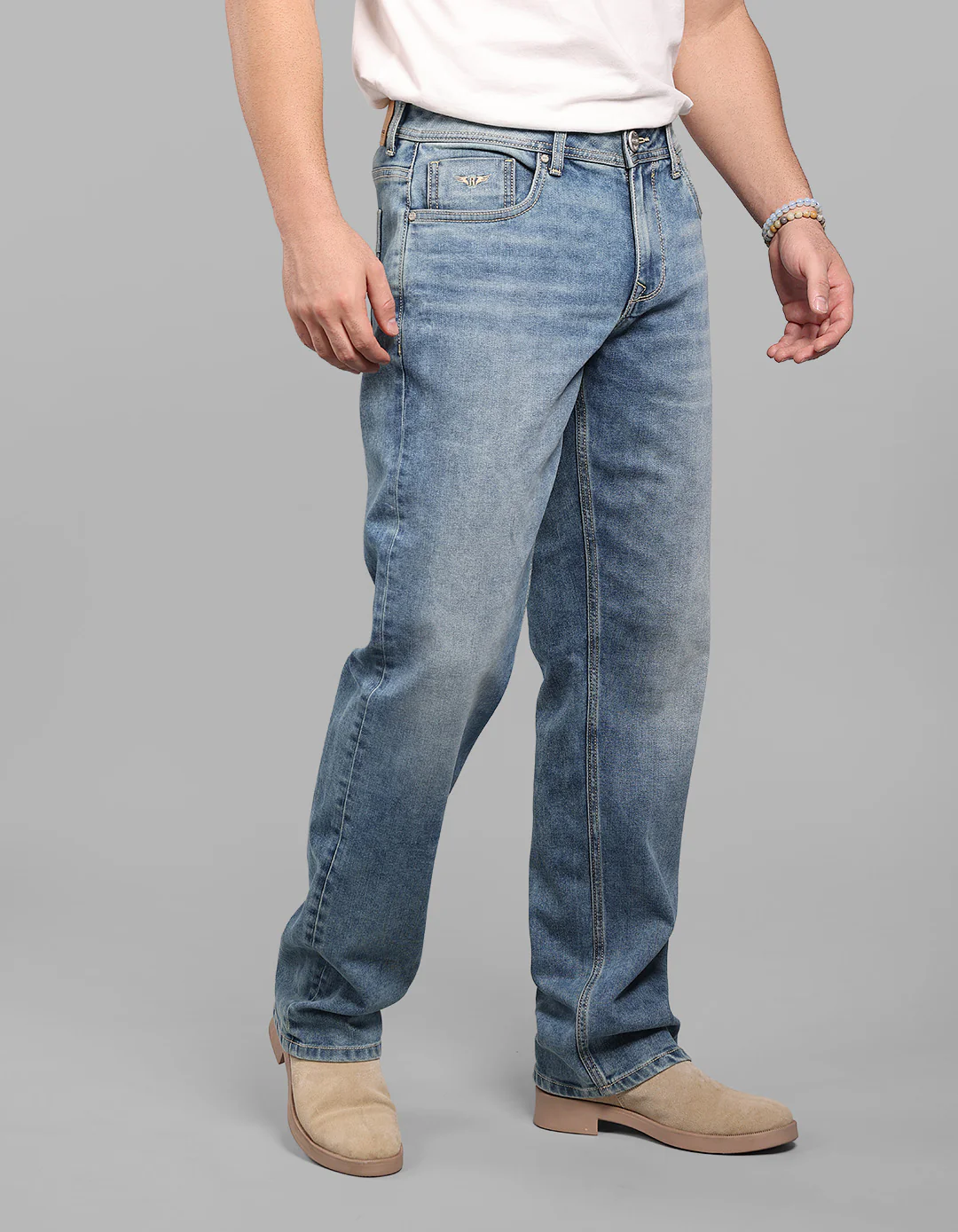 Med Blue Midrise, Comfort And Straight Crop Length Stretch Jeans
