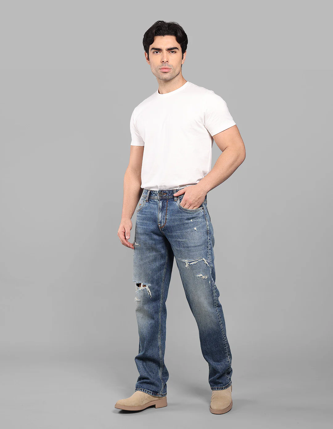 Med Blue Midrise, Comfort And Straight Crop Length Stretch Jeans - Image 2