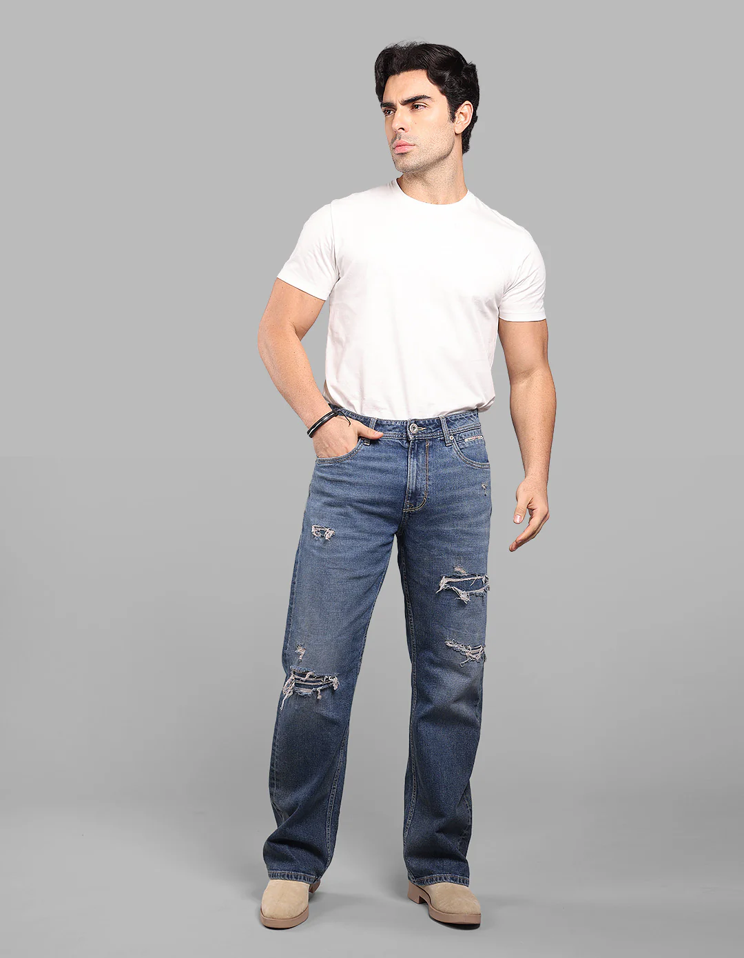 Med Blue Midrise Loose Fit Stretch Jeans - Image 2