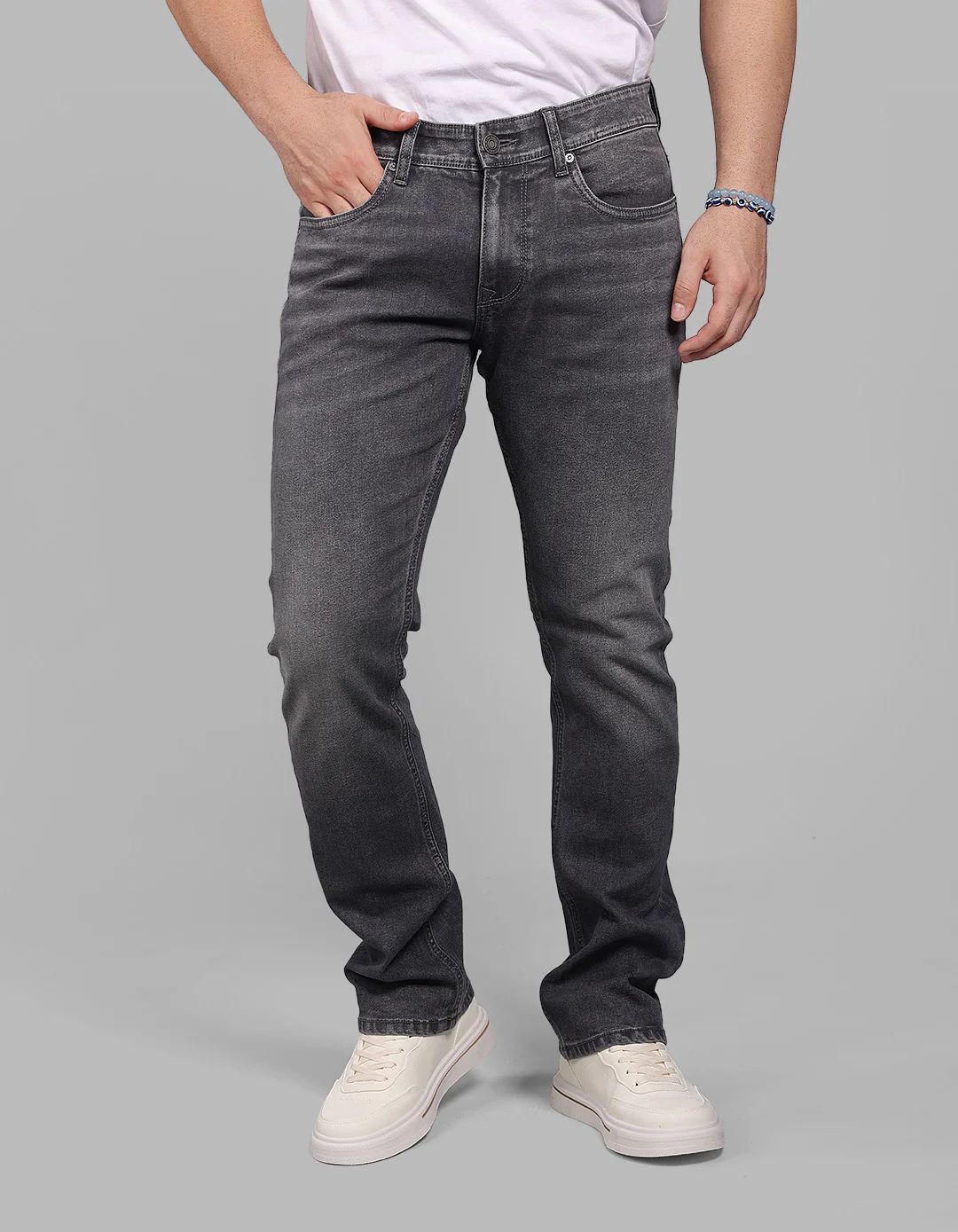 Med Grey Mid-Rise Slim Straight Fit Stretch Jeans