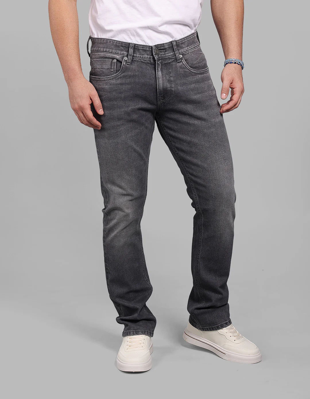 Med Grey Mid-Rise Slim Straight Fit Stretch Jeans - Image 4