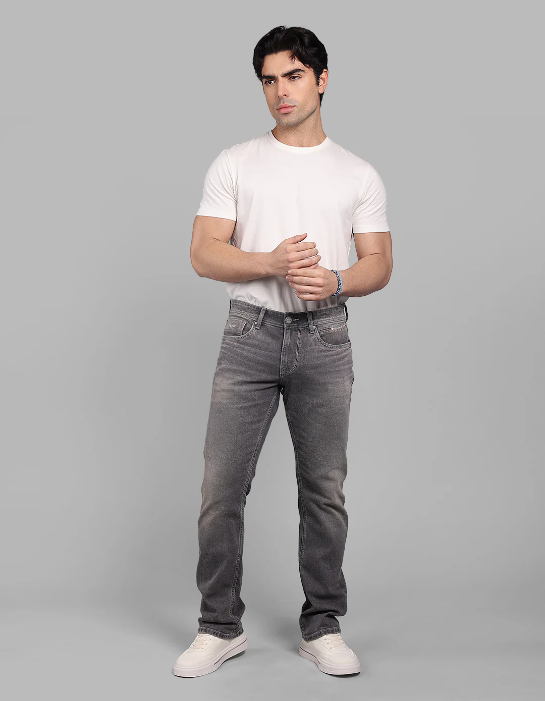 Med Grey Mid-Rise Slim Straight Fit Stretch Jeans - Image 3