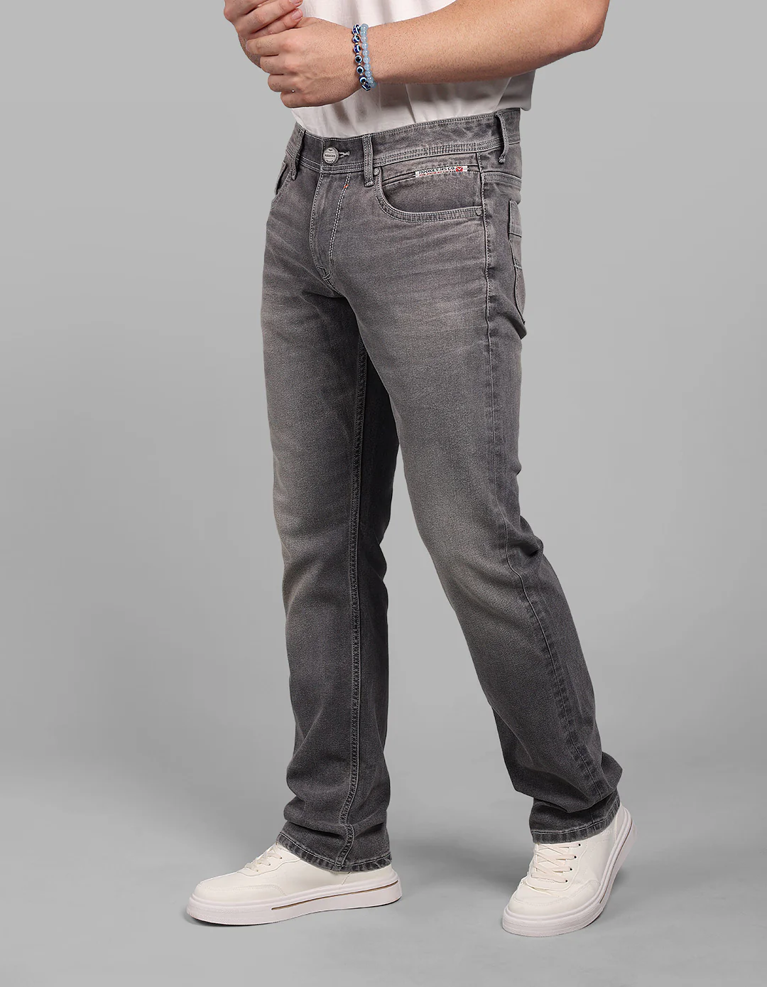 Med Grey Mid-Rise Slim Straight Fit Stretch Jeans - Image 4
