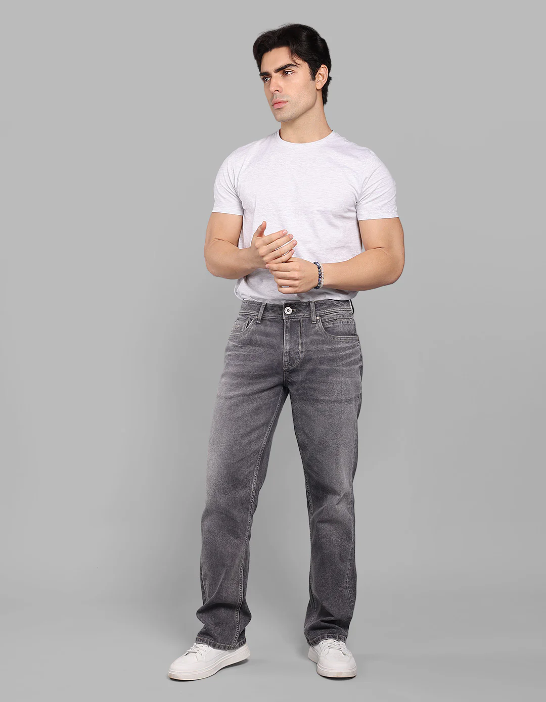 Med Grey Midrise, Comfort And Straight Crop Length Stretch Jeans - Image 2