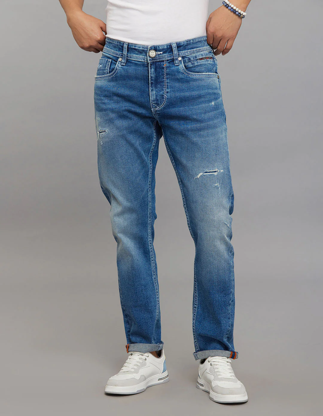 Medium Blue Low-Rise Tapered Ankle Length Stretch Jeans
