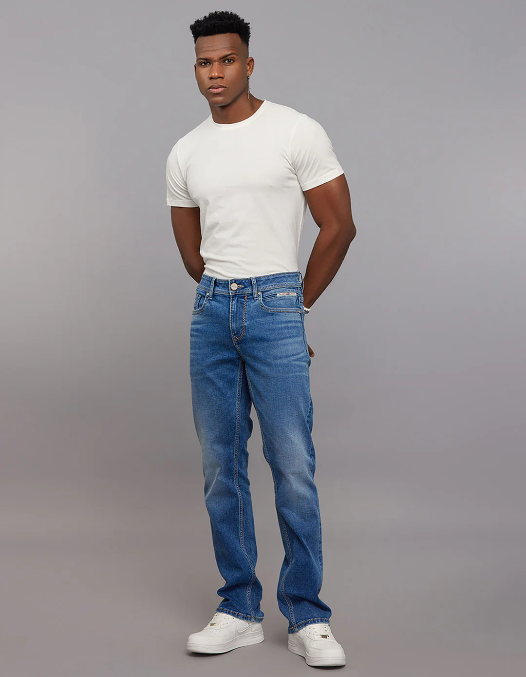 Medium Blue Mid Rise Loose Boot Leg Stretch Jeans - Image 2