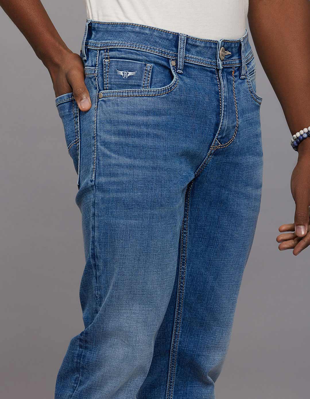 Medium Blue Mid Rise Loose Boot Leg Stretch Jeans - Image 4