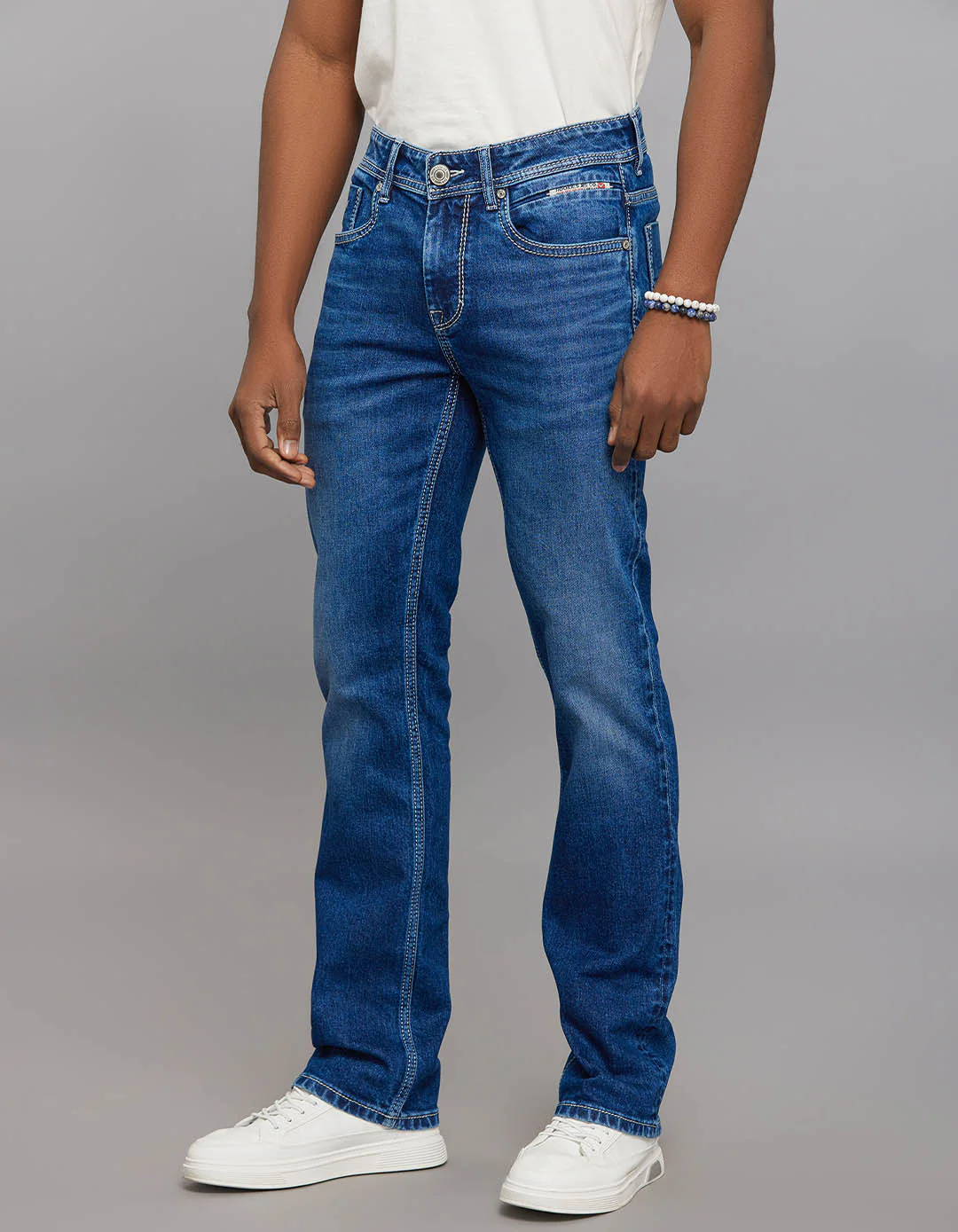 Medium Blue Mid Rise Loose Boot Leg Stretch Jeans - Image 3