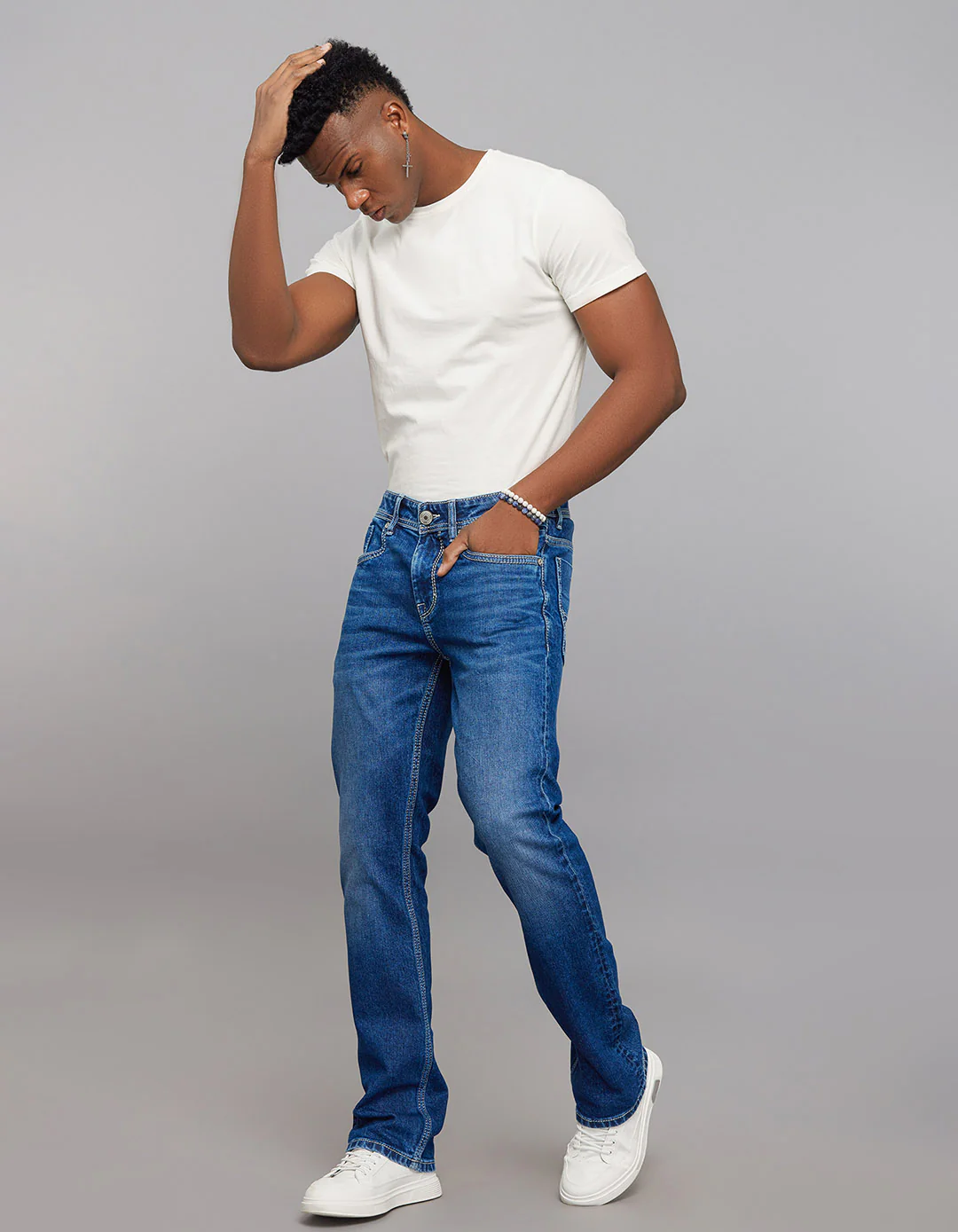 Medium Blue Mid Rise Loose Boot Leg Stretch Jeans - Image 4