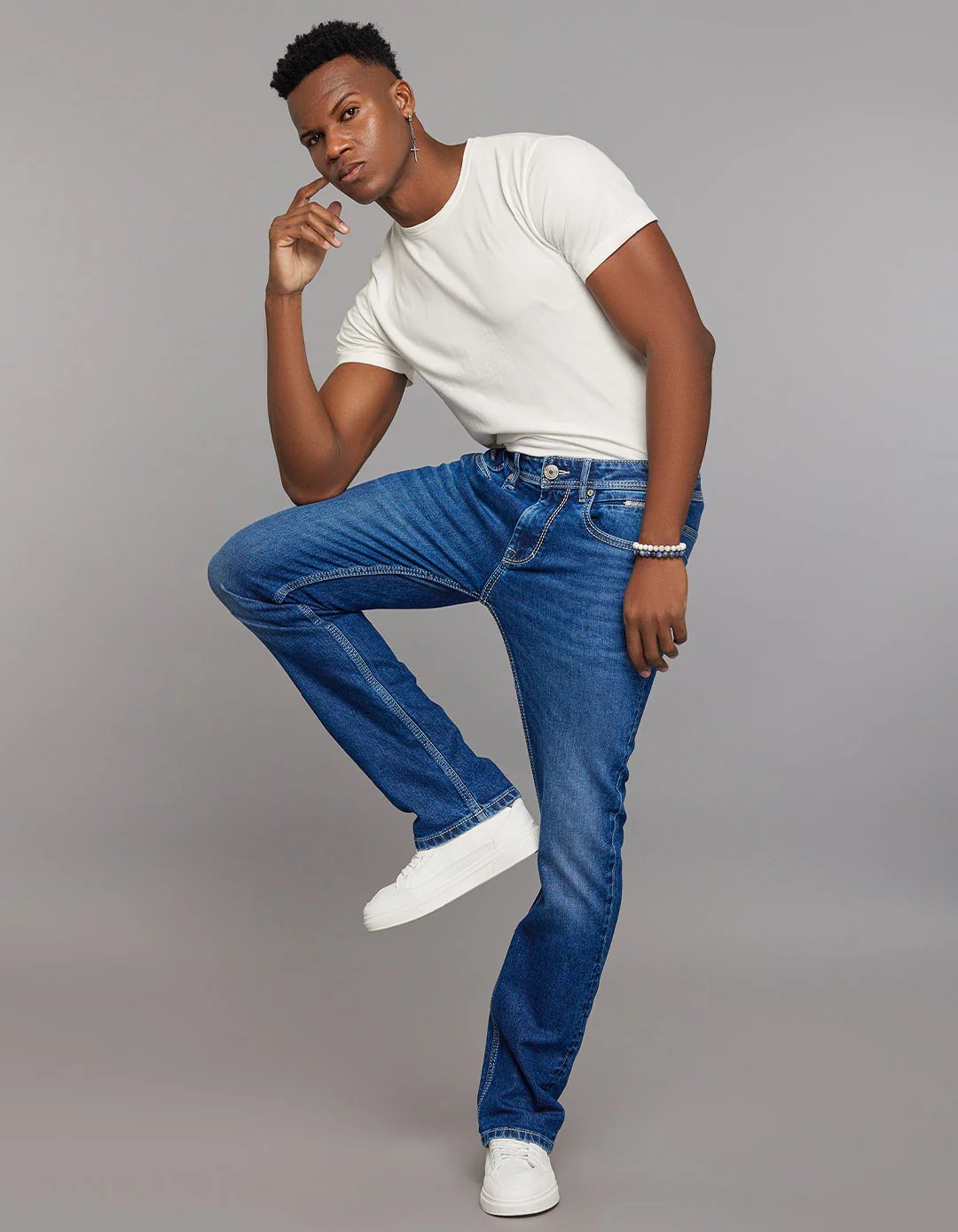 Medium Blue Mid Rise Loose Boot Leg Stretch Jeans - Image 5