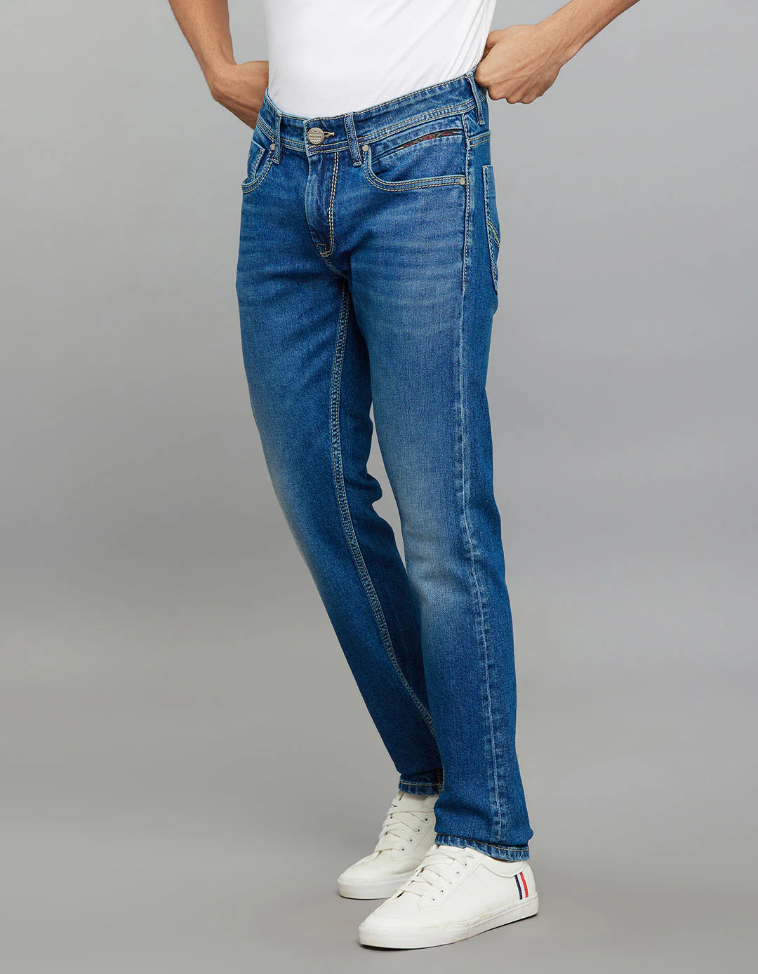 Medium Blue Mid-Rise Slim Straight Fit Classic Stretch Jeans - Image 3