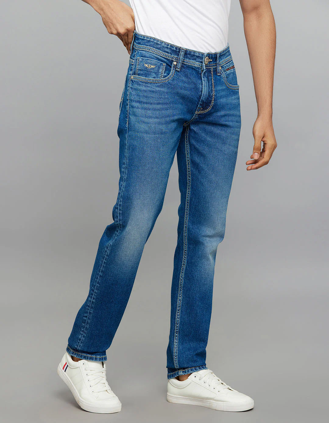 Medium Blue Mid-Rise Slim Straight Fit Classic Stretch Jeans - Image 4