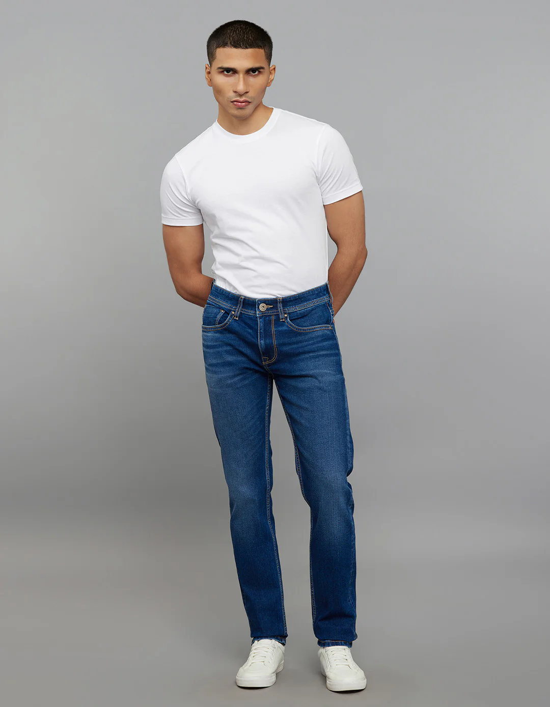 Medium Blue Mid-Rise Slim Straight Fit Classic Stretch Jeans - Image 2