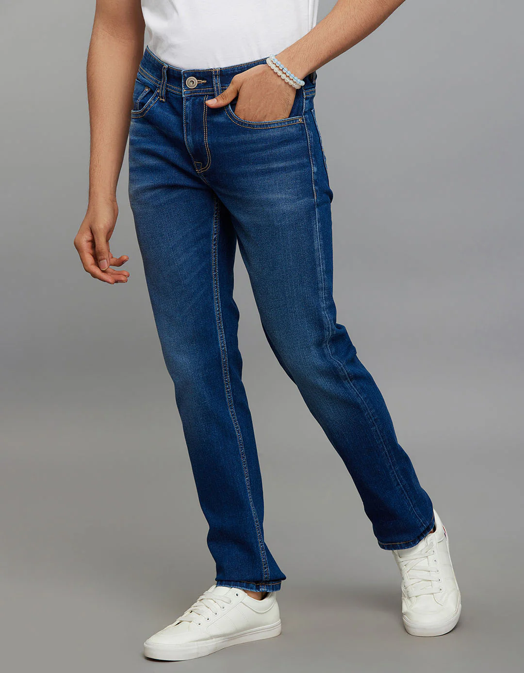 Medium Blue Mid-Rise Slim Straight Fit Classic Stretch Jeans - Image 3