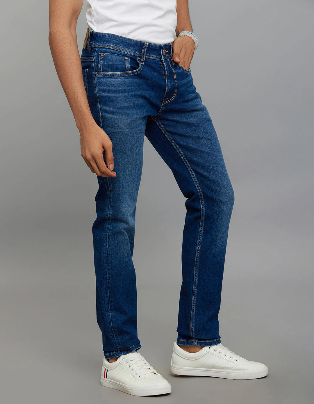 Medium Blue Mid-Rise Slim Straight Fit Classic Stretch Jeans - Image 4