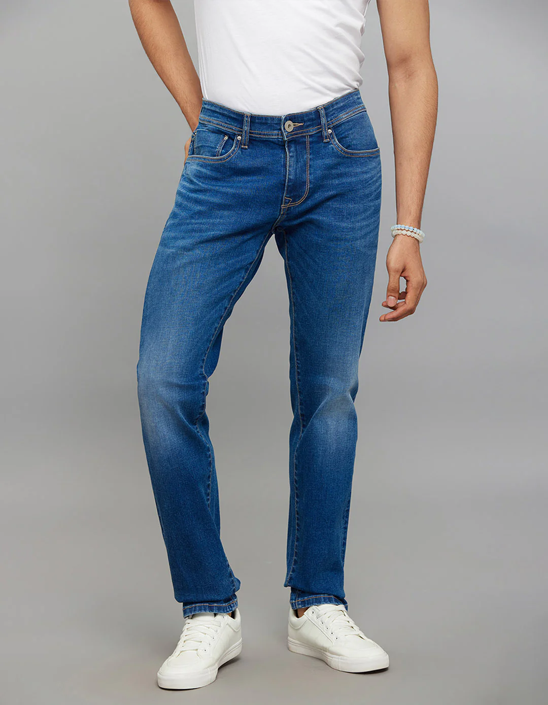 Medium Blue Mid-Rise Slim Straight Fit Classic Stretch Jeans