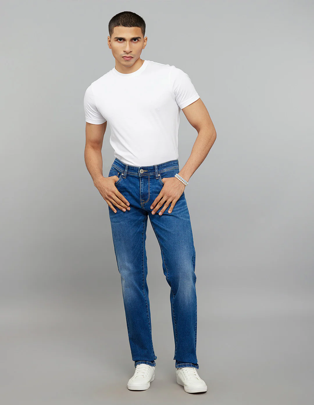 Medium Blue Mid-Rise Slim Straight Fit Classic Stretch Jeans - Image 2