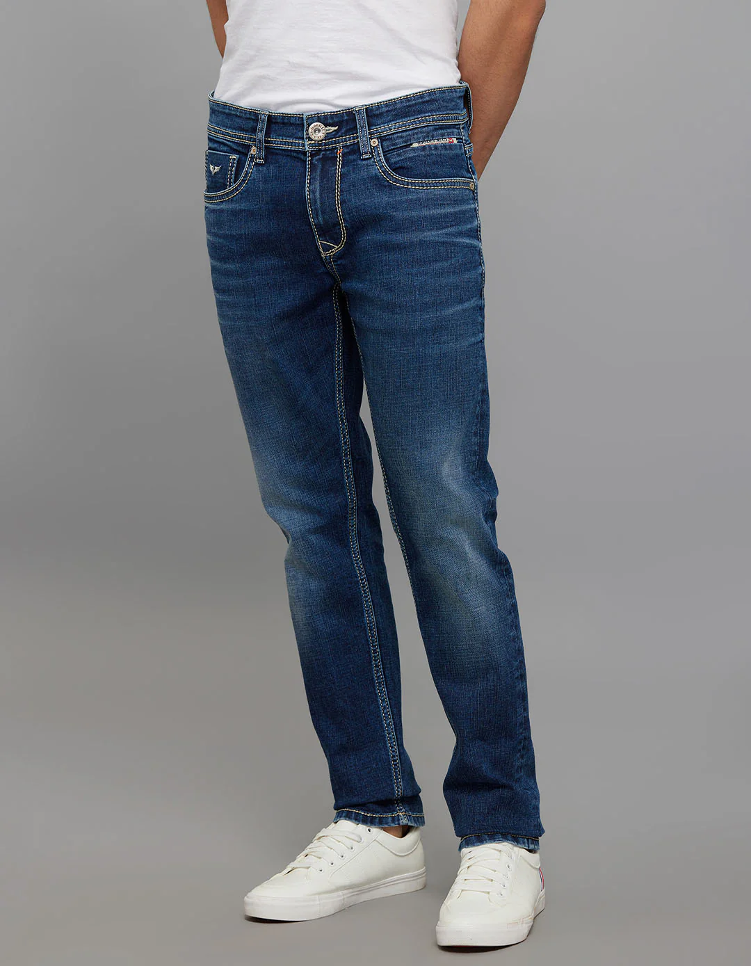 Medium Blue Mid-Rise Slim Straight Fit Stretch Jeans